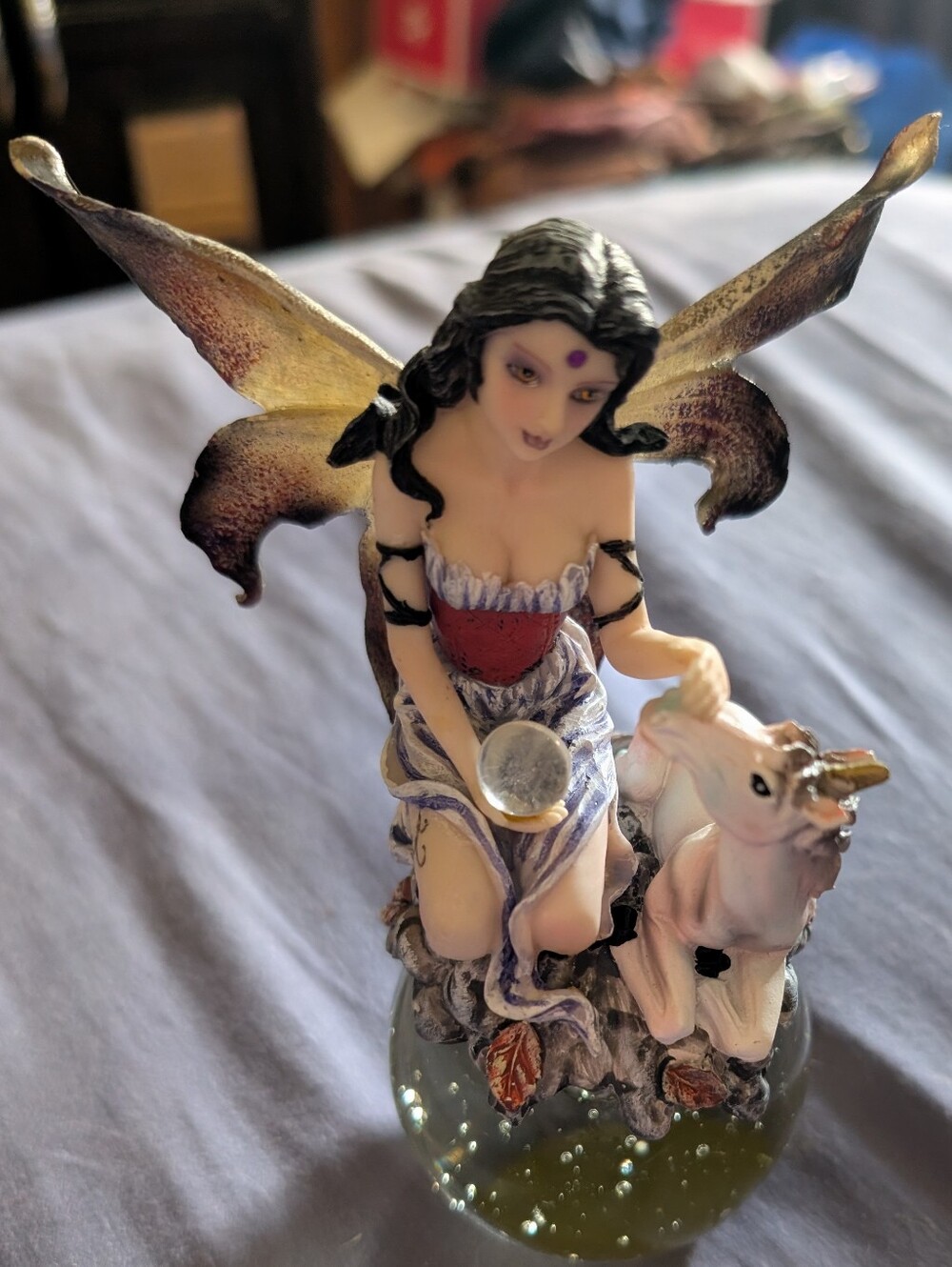 Enchanted Fairy & Baby Unicorn Figurine on Crystal Orb Base